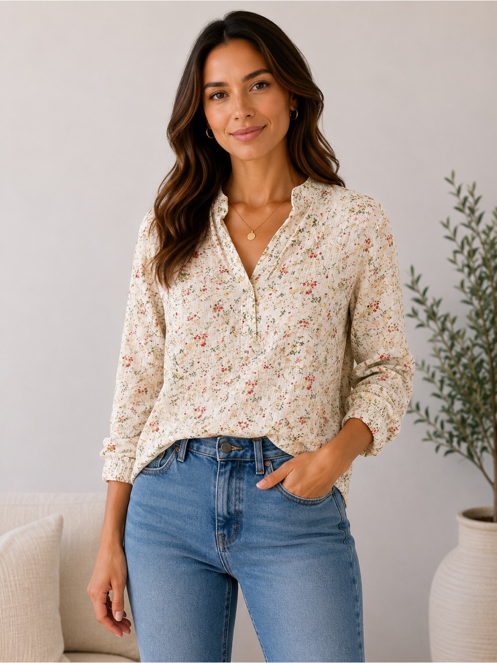 C. Wonder Cream Floral Button-Front Blouse - Picture 1 of 5